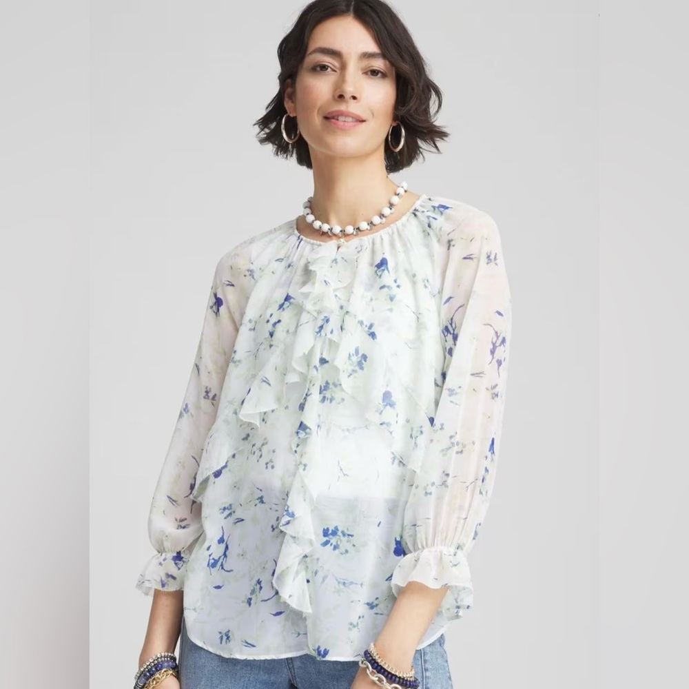 🌷CHICO’S GEORGETTE SHEER RUFFLED BLOUSE SZ 3 (16/XL) NWT